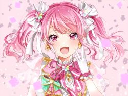 Rule 34 | :d, bad id, bad twitter id, bang dream!, bow, confetti, earrings, flower, flower earrings, gloves, green bow, hair flower, hair ornament, hair ribbon, hand up, ito22oji, jewelry, looking at viewer, maruyama aya, neck ribbon, open mouth, pink background, pink bow, pink eyes, pink hair, pink ribbon, ribbon, see-through, see-through sleeves, short sleeves, smile, solo, sparkle, striped ribbon, twintails, upper body, white gloves, white ribbon, wrist bow