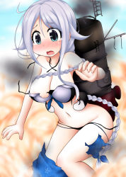 Rule 34 | 10s, 1girl, adapted costume, bikini, blue eyes, blurry, blush, braid, breasts, cleavage, collarbone, commentary request, crying, crying with eyes open, depth of field, embarrassed, kantai collection, leaning forward, long hair, machinery, mismatched bikini, mole, mole under eye, navel, ouno (nounai disintegration), silver hair, single braid, smoke, solo, swimsuit, tears, torn bikini, torn clothes, torn swimsuit, umikaze (kancolle)
