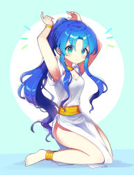 Rule 34 | 1girl, absurdres, alternate hairstyle, anklet, arms behind head, arms up, barefoot, blue hair, blush, breasts, cleavage, closed mouth, earrings, green eyes, highres, jewelry, long hair, looking at viewer, medium breasts, offbeat, ponytail, puyopuyo, rulue (puyopuyo), seiza, sitting, solo