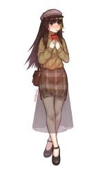 Rule 34 | 1girl, alternate costume, bag, blush, box, breasts, brown eyes, brown footwear, brown hair, brown hat, brown sweater, bsapricot, crossed legs, embarrassed, food, food in mouth, full body, girls&#039; frontline, green hair, green nails, hair between eyes, handbag, hat, highres, holding, holding box, holding food, jewelry, long hair, long skirt, looking away, m4a1 (girls&#039; frontline), mary janes, medium breasts, mouth hold, multicolored hair, nail polish, pocky, pocky kiss, ribbed sweater, ring, see-through, shared food, shoes, sidelocks, skirt, skirt under skirt, solo, standing, streaked hair, sweater, twitter username, watson cross, white background, white legwear
