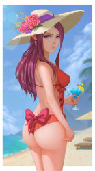 Rule 34 | 10s, 1girl, absurdres, arm at side, ass, beach, blue eyes, border, bow, breasts, closed mouth, cloud, cocktail, cocktail umbrella, cowboy shot, cup, day, drink, drinking glass, earrings, elf, eyelashes, flower, food, frills, fruit, glint, halterneck, hat, hat flower, hat ribbon, highres, holding, holding cup, holding drinking glass, ice, ice cube, jewelry, lens flare, lips, long hair, looking at viewer, looking back, macross, macross delta, medium breasts, mirage farina jenius, nail polish, ocean, one-piece swimsuit, orange (fruit), orange slice, ousang, outdoors, outside border, palm tree, pink bow, pink flower, pink rose, pointy ears, purple hair, red eyes, red nails, red one-piece swimsuit, ribbon, rose, shore, sky, smile, solo, straw hat, summer, swimsuit, tree, very long hair, white border