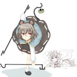 Rule 34 | 2girls, animal ears, basket, bent over, bespectacled, blush, camera, chata maru (irori sabou), female focus, female pervert, glasses, grey hair, highres, implied pantyshot, looking at viewer, mouse ears, mouse tail, multiple girls, nazrin, partially colored, pervert, red eyes, short hair, simple background, smile, tail, toramaru shou, touhou, white background