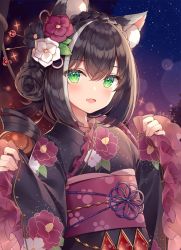 Rule 34 | 1girl, animal ear fluff, animal ears, ayuanlv, black hair, black kimono, blush, cat ears, cat girl, fang, floral print, green eyes, hair between eyes, japanese clothes, karyl (new year) (princess connect!), karyl (princess connect!), kimono, long hair, long sleeves, looking at viewer, multicolored hair, obi, open mouth, outdoors, princess connect!, sash, skin fang, solo, star (sky), streaked hair, twintails, white hair, wide sleeves