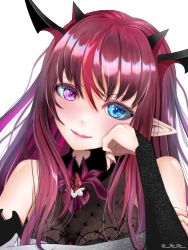 Rule 34 | 1girl, blue eyes, detached sleeves, hair behind ear, hand on own arm, hand on own cheek, hand on own face, head tilt, heterochromia, highres, hololive, hololive english, horns, irys (hololive), lily lily, pointy ears, portrait, purple eyes, red hair, smile, solo, virtual youtuber, white background