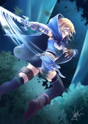 Rule 34 | 1girl, arm guards, blonde hair, blue cloak, blue eyes, brown footwear, brown gloves, brown hair, cloak, fingerless gloves, forest, gloves, groin tendon, highres, hood, hooded cloak, looking back, midriff, nature, night, philia (sao), pouch, short hair, short shorts, shorts, signature, solo, sword, sword art online, thigh pouch, thigh strap, thighhighs, thighs, tree, vyh, weapon