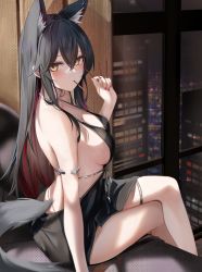 Rule 34 | 1girl, absurdres, alternate costume, animal ear fluff, animal ears, arknights, armlet, backless dress, backless outfit, bare legs, bed, between fingers, black dress, black hair, blush, breasts, brown eyes, chinese commentary, city, commentary request, crossed legs, dress, ear piercing, evening gown, extra ears, food, food in mouth, from behind, gradient hair, highres, holding, holding food, indoors, long hair, looking at viewer, looking back, medium breasts, mouth hold, multicolored hair, nail polish, night, on bed, piercing, red hair, red nails, ru zhai, sideboob, sitting, sleeveless, sleeveless dress, solo, sparkle, tail, texas (arknights), very long hair, wolf ears, wolf girl, wolf tail