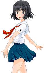 Rule 34 | 1girl, black eyes, black hair, blush, face, highres, kimi kiss, looking at viewer, looking to the side, open mouth, outstretched arms, pleated skirt, school uniform, serafuku, shijou mitsuki, short hair, simple background, skirt, solo, spread arms, white background, yamaguchi homupe