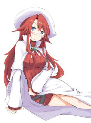 Rule 34 | 1girl, aty, aty (summon night), blue eyes, blush, breasts, chata maru (irori sabou), glasses, hat, long hair, red hair, ribbed sweater, simple background, solo, summon night, summon night 3, sweater, white background