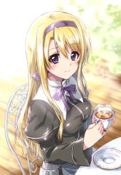 Rule 34 | 1girl, armored skirt, black dress, blonde hair, blurry, blurry background, carim gracia, chair, commentary request, commission, cup, dated, day, depth of field, dress, hair ribbon, hairband, high collar, highres, holding, holding cup, juliet sleeves, kuroi mimei, light particles, long hair, long sleeves, looking at viewer, looking up, lyrical nanoha, mahou shoujo lyrical nanoha strikers, neck ribbon, outdoors, puffy sleeves, purple eyes, purple hairband, purple ribbon, ribbon, saucer, signature, sitting, skeb commission, smile, solo, table, tea, teacup