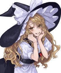 1girl apron black_headwear black_skirt black_vest blonde_hair blush bow braid buttons clenched_teeth commentary curly_hair frilled_hat frills hair_bow hands_on_own_cheeks hands_on_own_face hands_up hat hat_bow highres kirisame_marisa leaning_forward long_hair looking_at_viewer marimo_tarou puffy_short_sleeves puffy_sleeves red_bow shirt short_sleeves side_braid sidelocks simple_background single_braid skirt skirt_set smile swept_bangs teeth touhou very_long_hair vest waist_apron wavy_hair white_background white_bow white_shirt witch_hat yellow_eyes