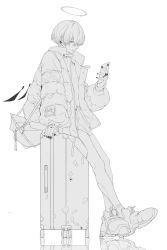 Rule 34 | 1boy, absurdres, arene (arknights), arknights, bishounen, ear piercing, full body, greyscale, halo, highres, jacket, male focus, monochrome, nail polish, official alternate costume, phone, piercing, shoes, short hair, sitting, sketch, socks, solo, suitcase, wentao0324, wings