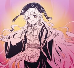 Rule 34 | 1girl, aura, brown eyes, chinese clothes, dress, hat, junko (touhou), long hair, looking at viewer, makuwauri, open mouth, orange eyes, outstretched arms, smile, solo, tabard, touhou, very long hair, wide sleeves