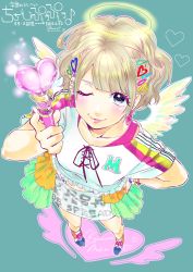 Rule 34 | 1girl, absurdres, black ribbon, blonde hair, blue background, blue eyes, blush, closed mouth, clothes writing, copyright request, from above, full body, geshumaro, halo, hand on own hip, heart, highres, holding, holding wand, looking at viewer, neck ribbon, one eye closed, print shirt, print skirt, ribbon, shirt, short hair, short sleeves, simple background, skirt, smile, solo, wand, white skirt, wings