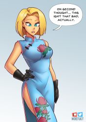 Rule 34 | 1girl, android 18, bare shoulders, blonde hair, blue eyes, breasts, china dress, chinese clothes, cleavage, dragon ball, dragonball z, dress, earrings, highres, jewelry, large breasts, looking at viewer, medium breasts, nortuet, pelvic curtain, short hair, side slit, simple background, solo