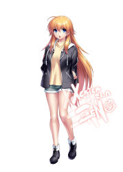 Rule 34 | 1girl, ahoge, alternate costume, angel beats!, arms behind back, black footwear, black jacket, blue eyes, boots, casual, commentary, commission, denim, denim shorts, english commentary, eyes visible through hair, frown, full body, hair between eyes, highres, hood, hood down, hooded jacket, jacket, legs, light blush, long hair, looking at viewer, open clothes, open jacket, open mouth, orange hair, paid reward available, second-party source, sekine shiori, shirt, shorts, sidelocks, simple background, skeb commission, solo, spiked hair, sprite, standing, straight-on, tying footwear, v-shaped eyebrows, variant set, very long hair, white background, yellow shirt, zen (kamuro)