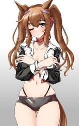 Rule 34 | 1girl, animal ears, blush, brown eyes, brown hair, collarbone, covering privates, covering breasts, crop top, curren mirotic (racehorse), hair ornament, highres, horse ears, horse girl, horse tail, komb, looking at viewer, medium hair, navel, one eye closed, simple background, solo, swimsuit, tail, twintails, umamusume, white background