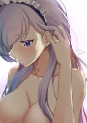 Rule 34 | 1girl, absurdres, adjusting hair, azur lane, belfast (azur lane), blue eyes, blush, breasts, cleavage, collarbone, commentary, commentary request, highres, jewelry, long hair, looking away, maid headdress, nude, parted lips, purple eyes, purple hair, reisa-aisaka, ring, signature, silver hair, simple background, solo, twitter username, upper body, wedding band