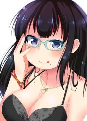 Rule 34 | 1girl, :p, black hair, blue eyes, bracelet, breasts, cleavage, glasses, heart, heart-shaped pupils, highres, jewelry, large breasts, long hair, mole, mole under mouth, monyu tetsugi, nail polish, necklace, original, simple background, smile, solo, symbol-shaped pupils, tongue, tongue out, upper body