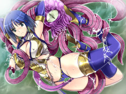 Rule 34 | 1girl, amane hitomi, blue hair, breasts, china dress, chinese clothes, cleavage, cleavage cutout, clothing cutout, dress, elbow gloves, gloves, green eyes, high heels, large breasts, original, panties, rape, sasana, shoes, short hair, slime (substance), solo, tentacles, thighhighs, torn clothes, underwear