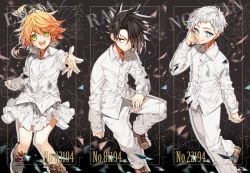 Rule 34 | 1girl, 2boys, :p, ahoge, black hair, blue eyes, boots, character name, closed mouth, emma (yakusoku no neverland), green eyes, hair over one eye, leather, leather boots, long sleeves, looking at viewer, multiple boys, neck tattoo, norman (yakusoku no neverland), number tattoo, open mouth, orange hair, pants, ray (yakusoku no neverland), sapphire (nine), shirt, short hair, skirt, smile, standing, tattoo, tongue, tongue out, white hair, white shirt, yakusoku no neverland