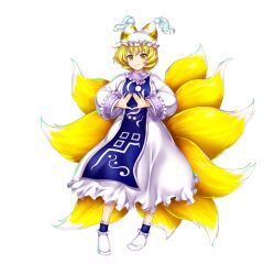 Rule 34 | 1girl, blonde hair, closed mouth, dress, fox tail, full body, game cg, hat, highres, kitsune, kyuubi, long sleeves, looking at viewer, mob cap, multiple tails, perfect cherry blossom, rotte (1109), short hair, simple background, smile, socks, solo, tabard, tail, third-party source, touhou, touhou lostword, white background, white dress, white hat, white socks, yakumo ran, yellow eyes