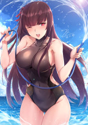 Rule 34 | 1girl, absurdres, beach, black one-piece swimsuit, blunt bangs, blush, breasts, brown hair, caustics, cleavage, clothing cutout, commentary, commentary request, covered collarbone, cowboy shot, dated, day, girls&#039; frontline, hair ribbon, half-closed eyes, halterneck, highres, holding, holding hose, hose, large breasts, legs together, long hair, looking at viewer, narrow waist, one-piece swimsuit, one eye closed, open mouth, outdoors, red eyes, ribbon, side cutout, side ponytail, signature, skin tight, smile, solo, sparkle, splashing, standing, swimsuit, teeth, thighs, upper teeth only, very long hair, wa2000 (girls&#039; frontline), wading, water drop, zhishi ge fangzhang