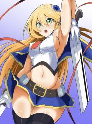 Rule 34 | 1girl, arm up, armpits, blazblue, blonde hair, breasts, curvy, gloves, green eyes, gun, highres, legs, looking at viewer, medium breasts, midriff, navel, no bra, noel vermillion, open mouth, sideboob, skirt, synchroman, thick thighs, thighhighs, thighs, weapon