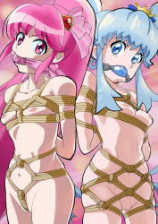 Rule 34 | 10s, 2girls, aino megumi, arms behind back, ball gag, bdsm, blue eyes, blue hair, bondage, bound, breasts, cleave gag, cloth gag, crotch rope, cure lovely, cure princess, female focus, gag, gagged, happinesscharge precure!, improvised gag, knot gag, kuronawa, long hair, looking at viewer, multiple girls, navel, nipples, nude, ponytail, precure, purple eyes, purple hair, pussy, rope, saliva, shibari, shirayuki hime, small breasts, uncensored