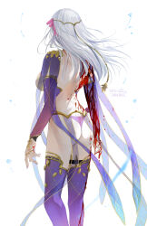 Rule 34 | 1girl, absurdres, armlet, armor, ass, back, backless dress, backless outfit, bikini armor, blood, blood on arm, blood on clothes, blood on hands, blood on leg, blood splatter, blood stain, breasts, circlet, collar, detached sleeves, dress, fate/grand order, fate (series), flower, hair ribbon, highres, jewelry, kama (fate), kama (second ascension) (fate), large breasts, long hair, lotus, minoe08, pelvic curtain, purple dress, purple sleeves, purple thighhighs, ribbon, ring, solo, thighhighs, thighlet