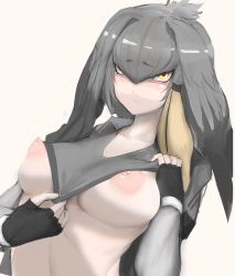 Rule 34 | 1girl, alternate breast size, black gloves, black hair, breasts, closed mouth, clothes lift, clothes pull, collarbone, collared shirt, fingerless gloves, furrowed brow, gloves, grey hair, grey shirt, hair between eyes, hair intakes, highres, kemono friends, large breasts, layered sleeves, lifting own clothes, long hair, long sleeves, looking at viewer, multicolored hair, navel, nipples, open clothes, open shirt, orange eyes, orange hair, puffy nipples, shibori kasu, shirt, shoebill (kemono friends), short over long sleeves, short sleeves, sidelocks, sketch, solo, sports bra, sports bra lift, sports bra pull, stomach, upper body