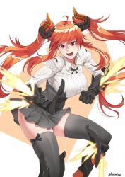 Rule 34 | 1girl, ahoge, black gloves, black thighhighs, breasts, dragon horns, fire, gloves, horns, long hair, looking at viewer, open mouth, red eyes, red hair, skirt, solo, stormcow, thighhighs, twintails, weapon