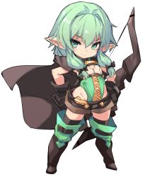 Rule 34 | 1girl, black bow, black gloves, boots, bow, bow (weapon), chibi, closed mouth, commentary request, elf, flat chest, full body, gloves, goblin slayer!, green eyes, green hair, groin, hair bow, hand on own hip, high elf archer (goblin slayer!), highres, holding, holding weapon, karukan (monjya), long hair, looking at viewer, pointy ears, short shorts, shorts, sidelocks, simple background, smile, solo, standing, thigh boots, thighhighs, weapon, white background