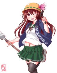 Rule 34 | 10s, 1girl, 2017, black thighhighs, brown hair, clothes writing, dated, green skirt, hair ornament, hammer, happi, hard hat, helmet, highres, japanese clothes, japanese saw, kanon (kurogane knights), kantai collection, kisaragi (kancolle), logo, long hair, looking at viewer, navel, one eye closed, pleated skirt, purple eyes, saw, school uniform, serafuku, simple background, skirt, solo, thighhighs, translated, white background