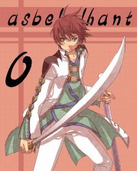 Rule 34 | 1boy, asbel lhant, bad id, bad pixiv id, brown hair, character name, lowres, male focus, red background, shibanashi miso, solo, sword, tales of (series), tales of graces, una, weapon