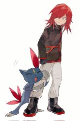 Rule 34 | 1boy, black footwear, black gloves, boots, brown jacket, commentary, creatures (company), game freak, gen 2 pokemon, gloves, grey eyes, grey pants, highres, hugging another&#039;s leg, jacket, long hair, looking down, male focus, nintendo, pants, parted lips, pokemon, pokemon adventures, red hair, sakanobo (sushi1021), silver (pokemon), sneasel, standing, white background