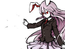 Rule 34 | 1girl, animal ears, bad id, bad pixiv id, blazer, crescent, crescent moon, face, female focus, jacket, lie-lilac, light purple hair, long hair, moon, necktie, outstretched arm, pale skin, pleated skirt, rabbit ears, red eyes, reisen udongein inaba, serious, simple background, skirt, slit pupils, solo, touhou, tsurime