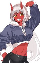 Rule 34 | 1girl, abs, blush, bow (bhp), breasts, clenched hand, colored skin, cropped hoodie, fangs, flexing, hand on own hip, hood, hoodie, horns, leggings, long hair, long sleeves, looking at viewer, midriff, navel, oni, oni horns, original, red horns, red skin, sharp teeth, smile, solo, teeth, toned, white background, white hair, yellow eyes