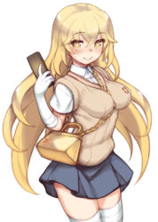 Rule 34 | + +, 1girl, bad id, bad pixiv id, bag, between breasts, blonde hair, blue skirt, blush, breasts, brown sweater, closed mouth, collared shirt, commentary request, controller, cowboy shot, elbow gloves, emblem, folks (nabokof), gloves, handbag, holding, long hair, looking at viewer, medium breasts, miniskirt, pleated skirt, remote control, school uniform, shirt, shokuhou misaki, short sleeves, simple background, skirt, smile, solo, standing, strap between breasts, sweater, sweater vest, thighhighs, toaru majutsu no index, tokiwadai school uniform, v-neck, white background, white gloves, white shirt, white thighhighs, yellow eyes