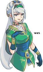 Rule 34 | 1girl, avril vent fleur, blue eyes, breasts, dress, gloves, green hairband, hairband, hanakuso, long hair, looking at viewer, open mouth, simple background, smile, solo, white background, white hair, wild arms, wild arms 5