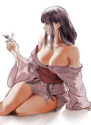 Rule 34 | 1girl, absurdres, bare shoulders, bird, bird on hand, breasts, chroong, cleavage, genshin impact, highres, japanese clothes, kimono, large breasts, long hair, long sleeves, obi, off shoulder, profile, purple eyes, purple hair, purple kimono, raiden shogun, sash, sidelocks, simple background, sitting, solo, white background, wide sleeves