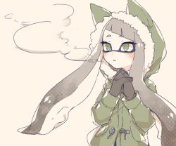 Rule 34 | 1girl, black gloves, breath, diagonal bangs, eyelashes, gloves, green eyes, green jacket, grey hair, hood, hooded jacket, inkling, inkling girl, inkling player character, inuowour, jacket, long hair, nintendo, own hands together, simple background, solo, splatoon (series), tentacle hair, upper body, white background