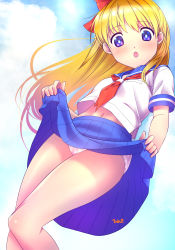 Rule 34 | 1girl, aino minako, bishoujo senshi sailor moon, blonde hair, blue eyes, bow, clothes lift, cloud, cloudy sky, day, dress, dress lift, earrings, feet out of frame, from below, hair bow, highres, himehachi (hime8manga), jewelry, legs together, long hair, looking at viewer, looking down, midriff, navel, neckerchief, no lineart, open mouth, outdoors, panties, school uniform, serafuku, short sleeves, signature, sky, solo, standing, thighs, underwear