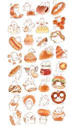 Rule 34 | ..., :3, ^^^, animal focus, baozi, black eyes, bread, brown overalls, burger, cinnamon roll, closed eyes, closed mouth, commentary request, cookie, crab, croissant, crumbs, cupcake, curry, dancing, eating, food, food focus, h kawa, hands on own cheeks, hands on own face, heart, holding, holding food, holding heart, hot dog, ice cream, jam, jar, lettuce, lying, motion blur, motion lines, musical note, no humans, notice lines, on back, open mouth, original, overalls, oversized food, oversized object, pasta, pizza, pretzel, puff of air, rabbit, running, sandwich, simple background, sitting, sleeping, smile, solid circle eyes, spaghetti, speech bubble, star (symbol), sweatdrop, tomato, tomato slice, unworn clothes, white background, wide-eyed, wrapper, zzz
