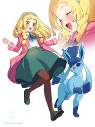 Rule 34 | 1girl, :d, blonde hair, blush, braid, brown pantyhose, coat, collared shirt, commentary request, cosplay, creatures (company), eyelashes, game freak, gen 4 pokemon, glaceon, green eyes, green footwear, green necktie, green skirt, hairband, highres, kinocopro, lillie (pokemon), long hair, multiple views, necktie, nintendo, open mouth, pantyhose, pink coat, pokemon, pokemon (anime), pokemon (creature), pokemon journeys, pokemon sm (anime), regina (pokemon), regina (pokemon) (cosplay), shirt, shoes, short necktie, simple background, skirt, smile, teeth, tongue, twin braids, twitter username, upper teeth only, watermark, white background, white shirt