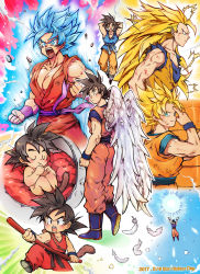 Rule 34 | angel wings, baby, black eyes, black hair, blonde hair, blue eyes, blue footwear, blue hair, boots, clenched hands, closed eyes, dated, dougi, dragon ball, dragon ball (classic), dragon ball super, dragonball z, electricity, feathers, genki dama, hano (hanos91), kaio ken, long hair, male focus, monkey tail, multiple persona, nude, open mouth, ruyi jingu bang, smile, son goku, super saiyan, super saiyan 1, super saiyan 3, super saiyan blue, tail, thumb sucking, torn clothes, utility pole, very long hair, wings, wristband