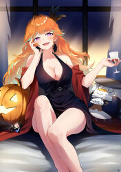 Rule 34 | 1girl, :d, absurdres, bare legs, black dress, breasts, cleavage, collarbone, cup, curtains, dress, drinking glass, earrings, fangs, feather earrings, feather hair ornament, feathers, green hair, hair ornament, halloween, highres, holding, holding cup, holding tray, hololive, hololive english, jack-o&#039;-lantern, jewelry, kfp employee (takanashi kiara), lucferz, medium breasts, multicolored hair, nerissa ravencroft, open mouth, orange hair, pink eyes, pumpkin, red shawl, shawl, smile, solo focus, streaked hair, stuffed toy, takanashi kiara, teeth, thighs, torn curtains, tray, upper teeth only, virtual youtuber, window, wine glass