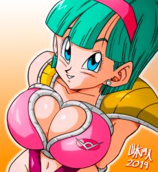 Rule 34 | 1girl, arms behind back, blue eyes, blunt bangs, breasts, bulma, cleavage, cleavage cutout, clothing cutout, collarbone, cosplay, dragon ball, dragonball z, earrings, female focus, from above, gradient background, green hair, hairband, happy, heart cutout, jewelry, large breasts, light smile, looking at viewer, medium hair, navel, parted lips, red hairband, saiyan armor, seductive smile, shoulder pads, simple background, smile, solo, stud earrings, upper body, yamamoto doujin