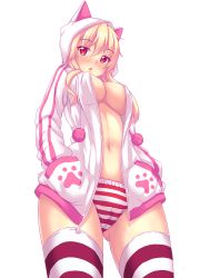 Rule 34 | 1girl, animal ears, animal hood, blonde hair, breasts, cat ears, cleavage, colored eyelashes, covered erect nipples, fake animal ears, hair between eyes, highres, hood, long hair, looking at viewer, naala, navel, no bra, nottytiffy, open clothes, open mouth, open shirt, original, panties, pom pom (clothes), red eyes, shirt, simple background, solo, stomach, striped clothes, striped panties, striped thighhighs, thighhighs, thighs, underwear, white background