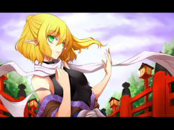 Rule 34 | 1girl, asya, bare shoulders, blonde hair, bridge, female focus, green eyes, half updo, letterboxed, mizuhashi parsee, off shoulder, parted lips, pointy ears, ponytail, scarf, short hair, solo, touhou, upper body