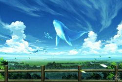 Rule 34 | blue sky, cloud, day, fantasy, fence, flying whale, grasslands, landscape, mocha (cotton), original, scenery, sky, technoheart, tree, whale, wooden fence